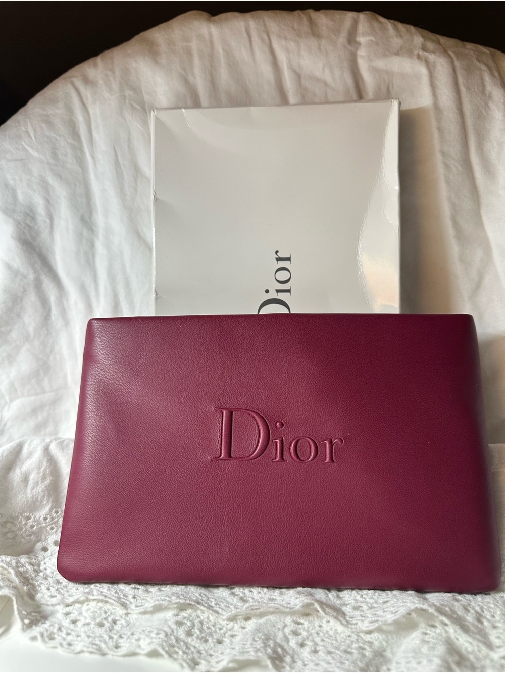 GWP Dior Beauty Burgundy Pouch Clutch with Embossed Logo NWB